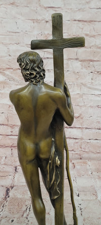 Signed Original Miguel Lopez Young Jestus with Cross Bronze Sculpture Figurine