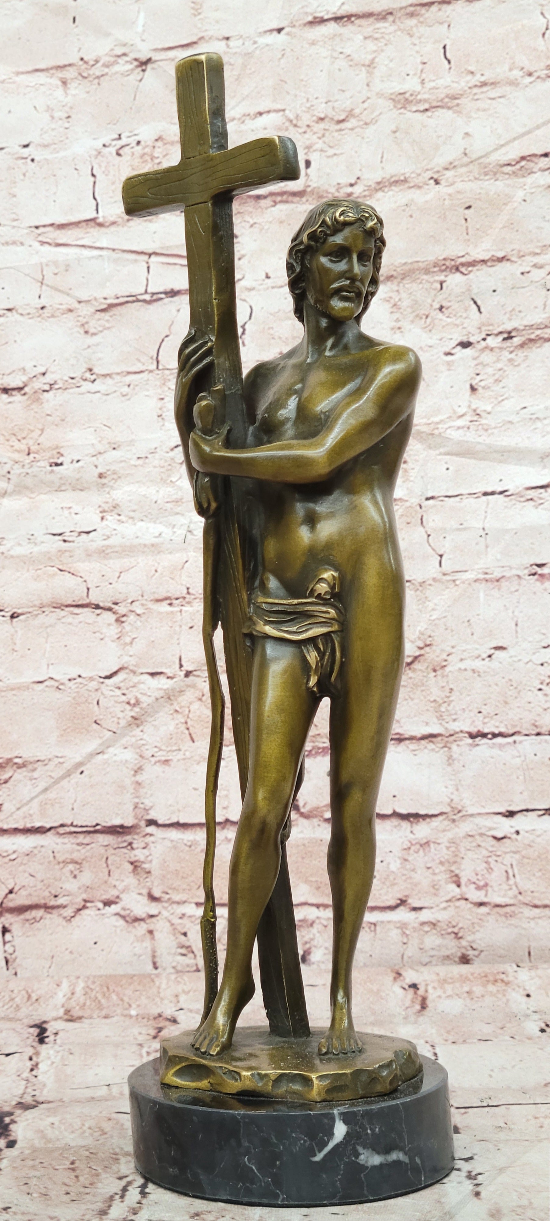 Signed Original Miguel Lopez Young Jestus with Cross Bronze Sculpture Figurine