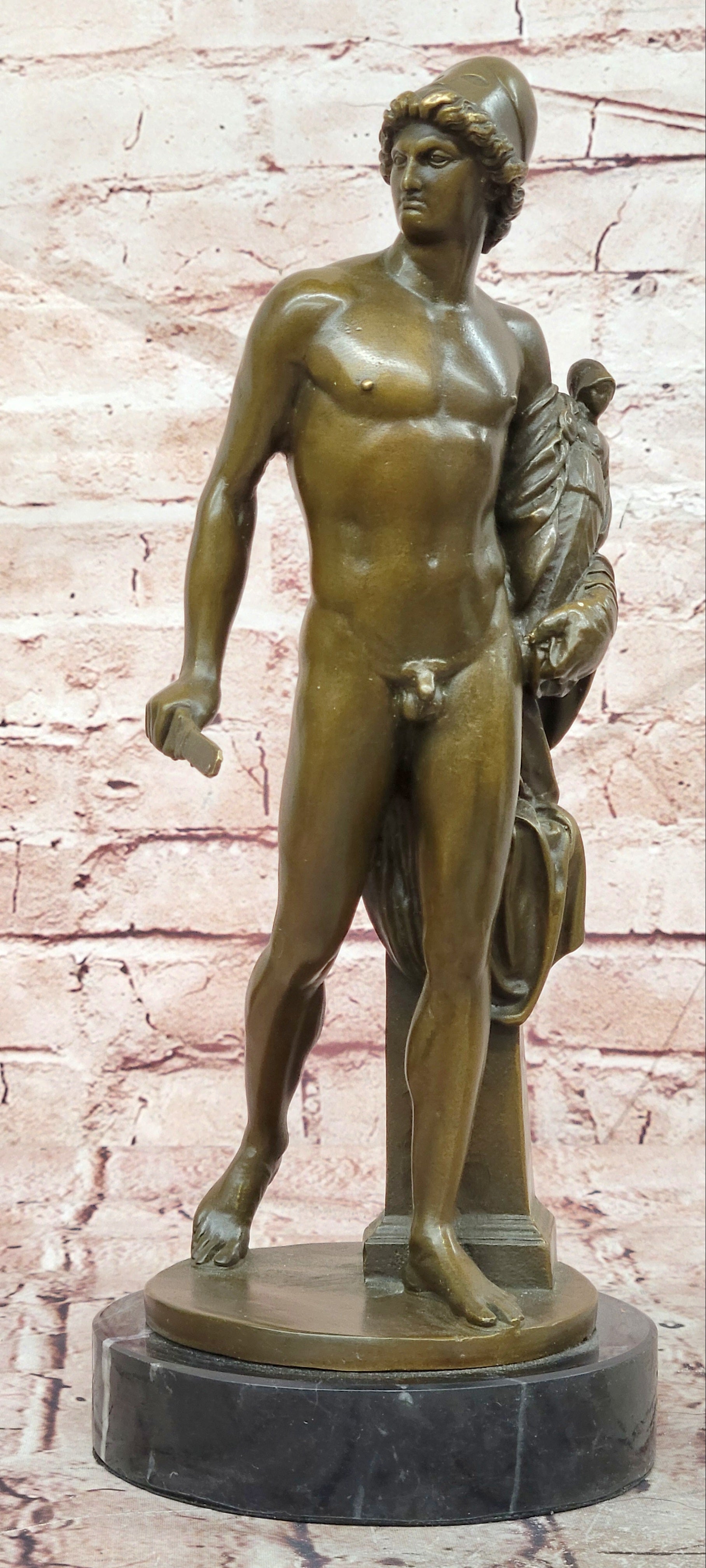 A Roman Style Soldier Holding a Small Doll Bronze Sculpture Signed Debut Statue