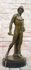 A Roman Style Soldier Holding a Small Doll Bronze Sculpture Signed Debut Statue