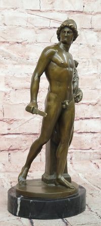 A Roman Style Soldier Holding a Small Doll Bronze Sculpture Signed Debut Statue