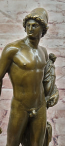 A Roman Style Soldier Holding a Small Doll Bronze Sculpture Signed Debut Statue