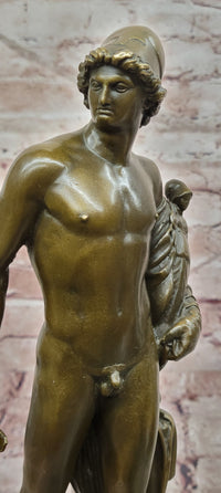 A Roman Style Soldier Holding a Small Doll Bronze Sculpture Signed Debut Statue