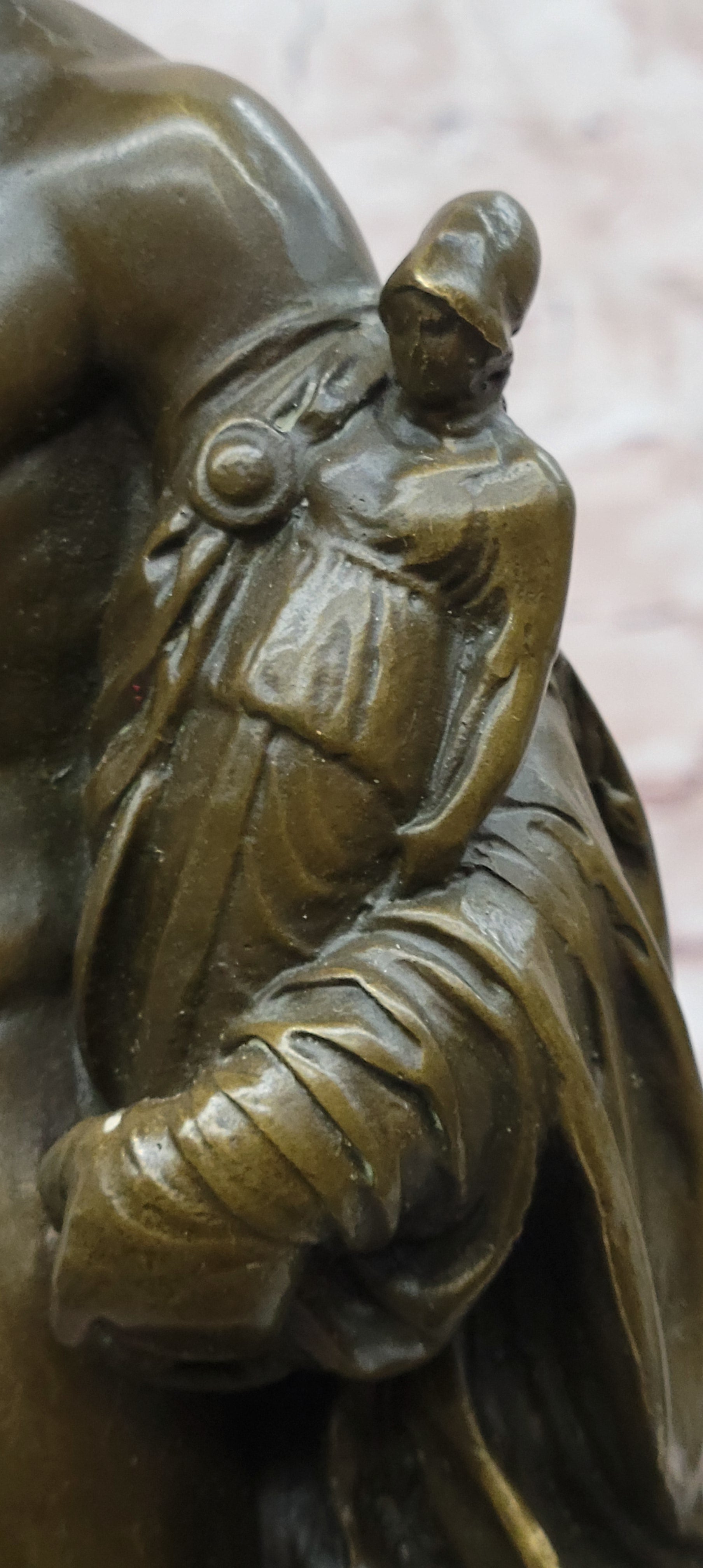 A Roman Style Soldier Holding a Small Doll Bronze Sculpture Signed Debut Statue