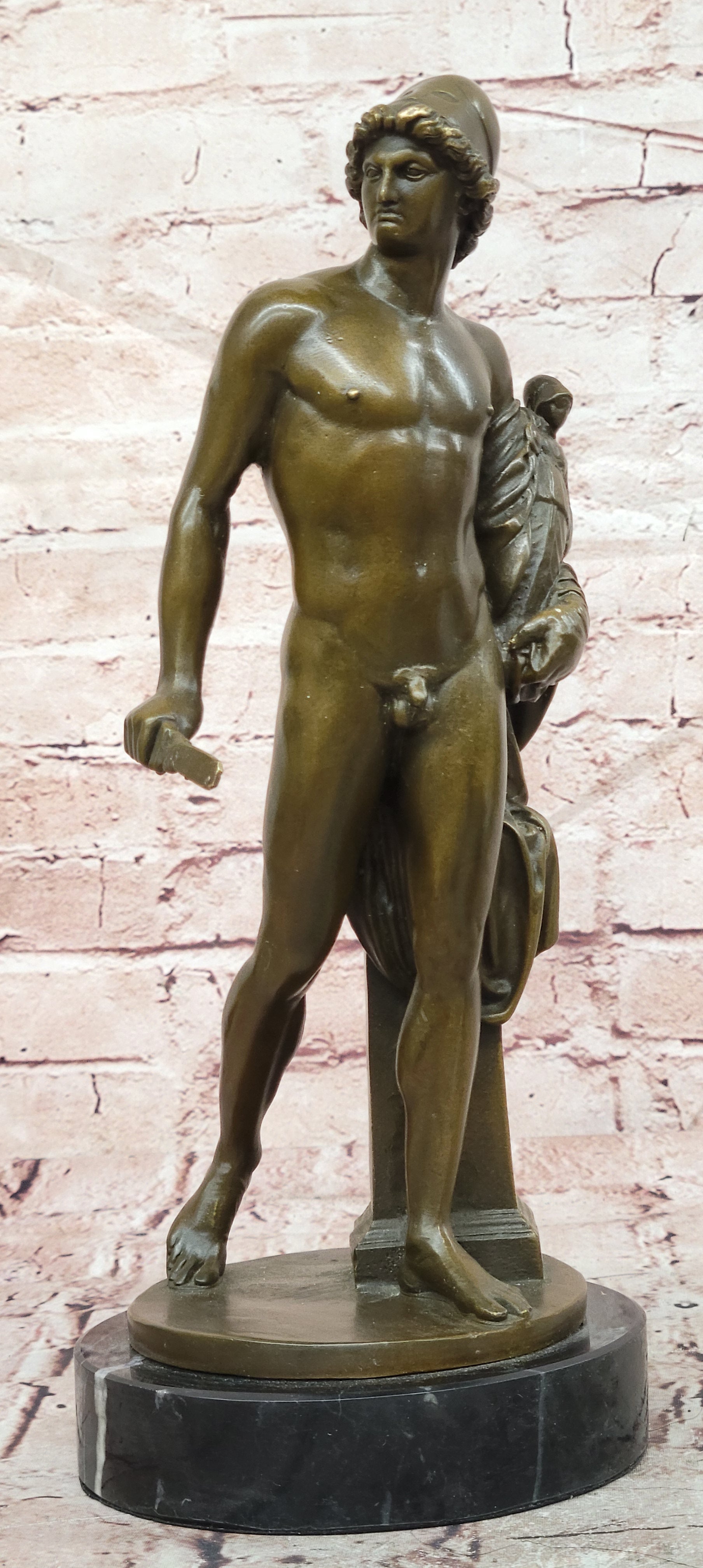A Roman Style Soldier Holding a Small Doll Bronze Sculpture Signed Debut Statue