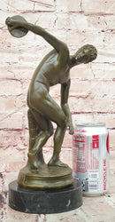 Discobolus Bronze Sculpture Signed Myron Greek Statue, Marble Base Discus Thrower