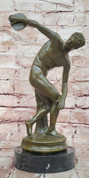 Discobolus Bronze Sculpture Signed Myron Greek Statue, Marble Base Discus Thrower
