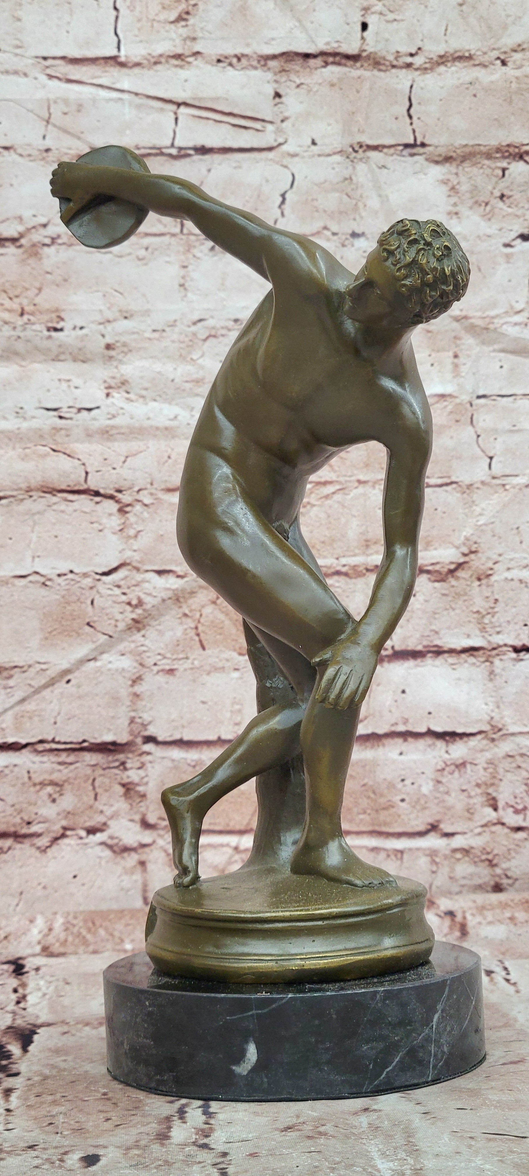 Discobolus Bronze Sculpture Signed Myron Greek Statue, Marble Base Discus Thrower