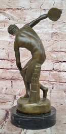 Discobolus Bronze Sculpture Signed Myron Greek Statue, Marble Base Discus Thrower