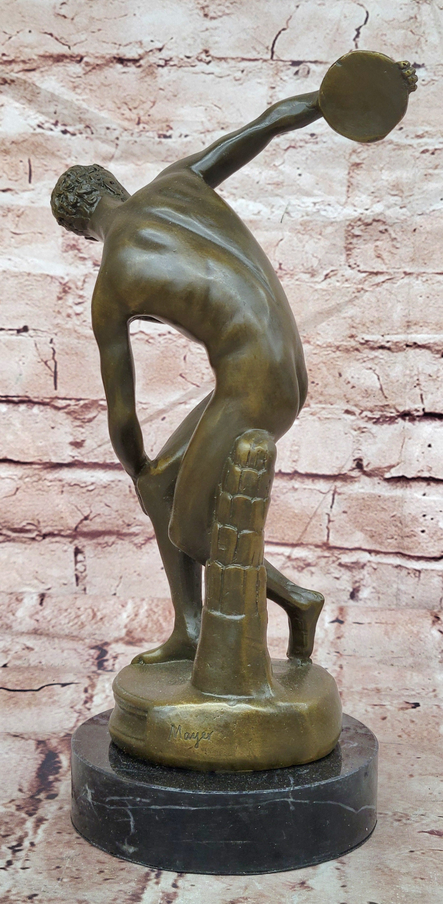 Discobolus Bronze Sculpture Signed Myron Greek Statue, Marble Base Discus Thrower