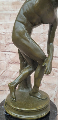 Discobolus Bronze Sculpture Signed Myron Greek Statue, Marble Base Discus Thrower