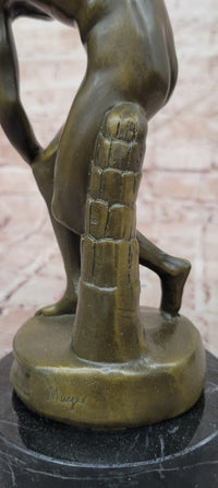 Discobolus Bronze Sculpture Signed Myron Greek Statue, Marble Base Discus Thrower