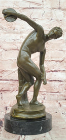 Discobolus Bronze Sculpture Signed Myron Greek Statue, Marble Base Discus Thrower