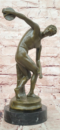 Discobolus Bronze Sculpture Signed Myron Greek Statue, Marble Base Discus Thrower