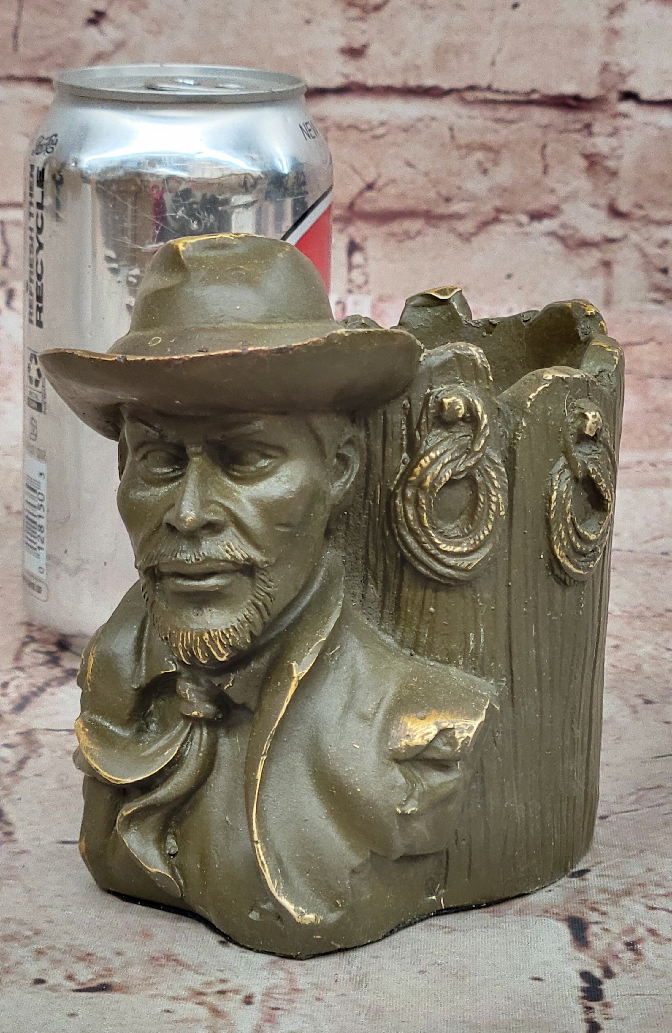 Western Cowboy Bust Bronze Pen Holder