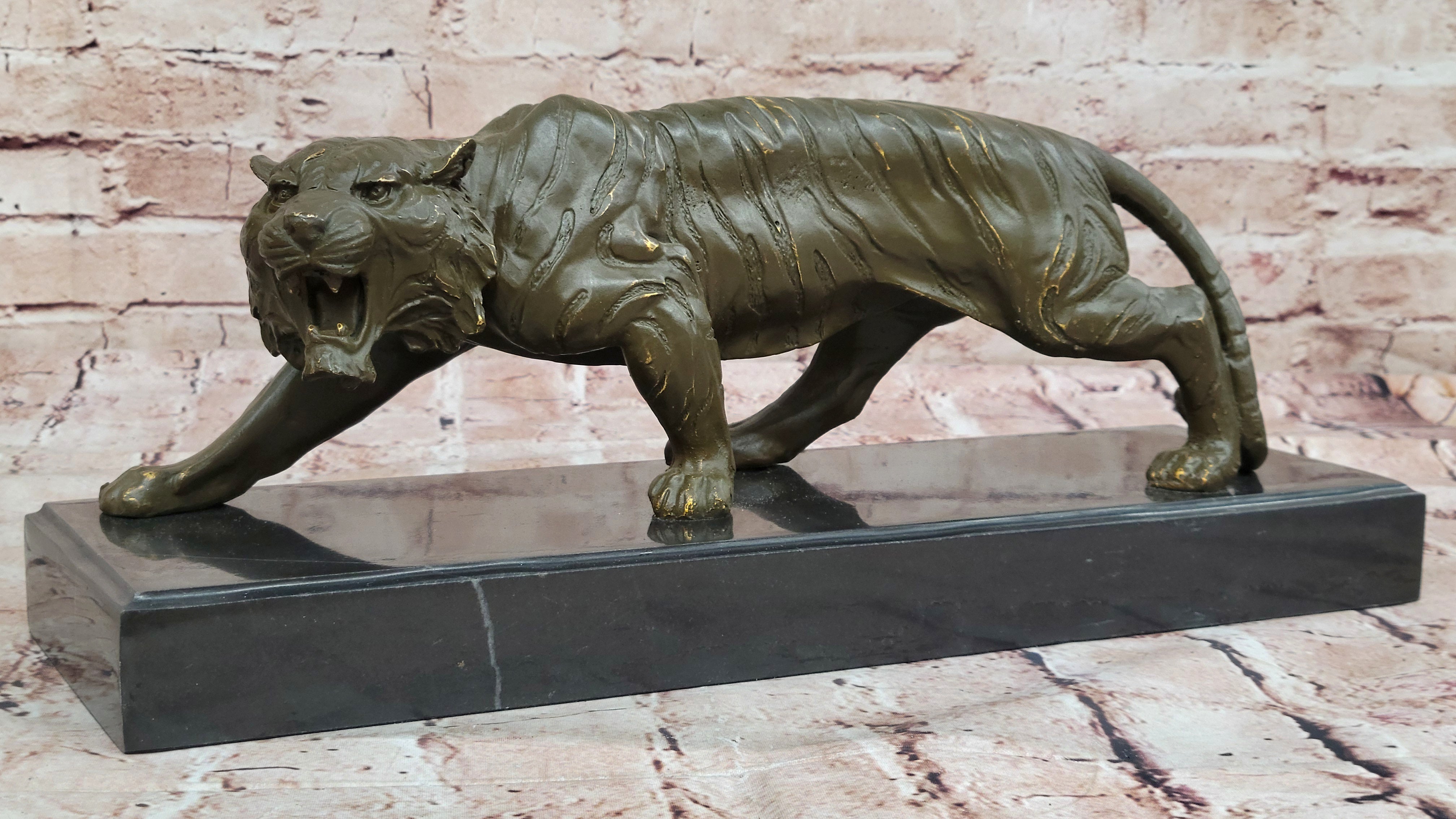 Roaring Bronze Tiger on Marble Base – Wildlife Art