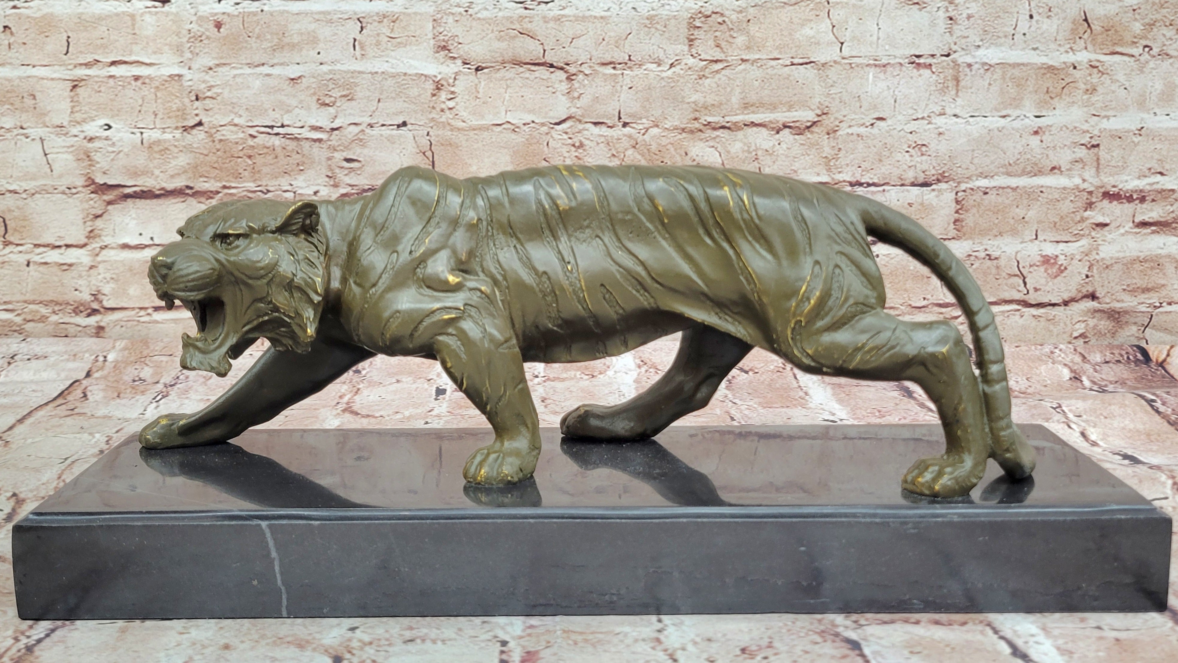 Roaring Bronze Tiger on Marble Base – Wildlife Art