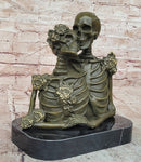 Love Never Dies Skeleton Couple Embracing Bronze Sculpture by M. Lopez Statue