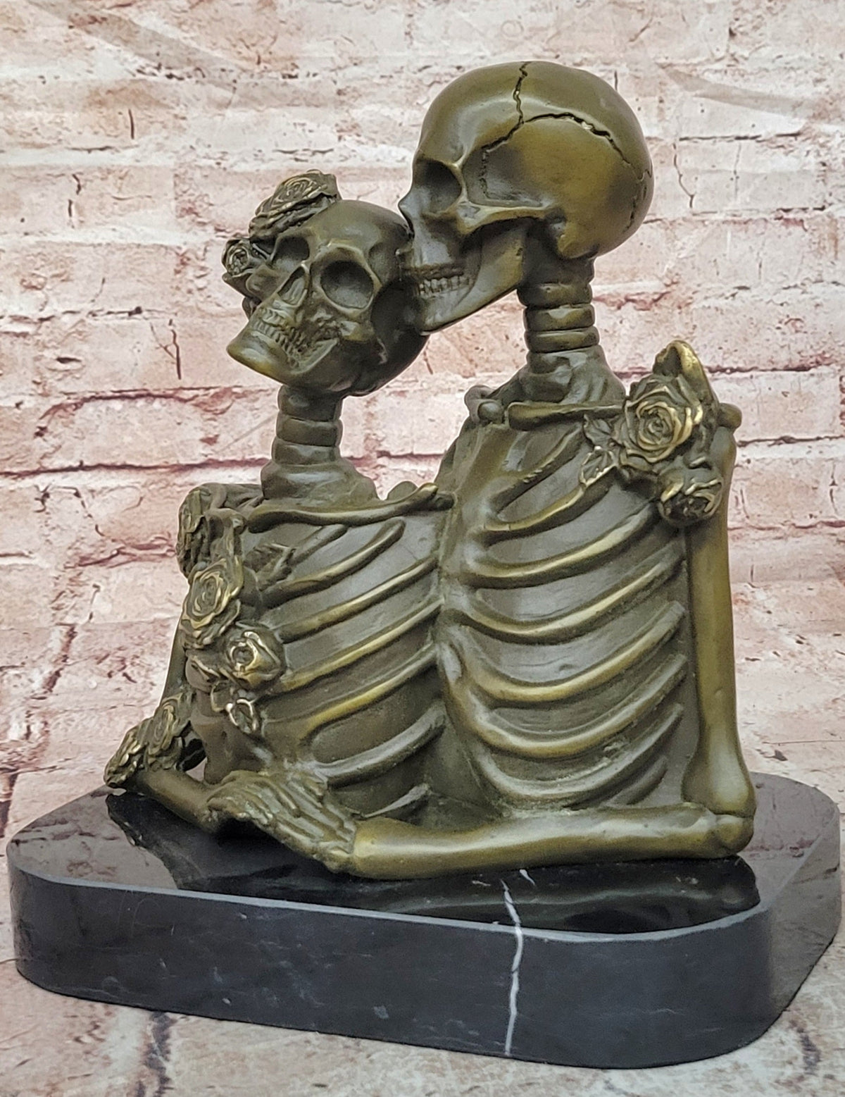 Love Never Dies Skeleton Couple Embracing Bronze Sculpture by M. Lopez Statue