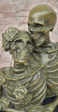 Love Never Dies Skeleton Couple Embracing Bronze Sculpture by M. Lopez Statue