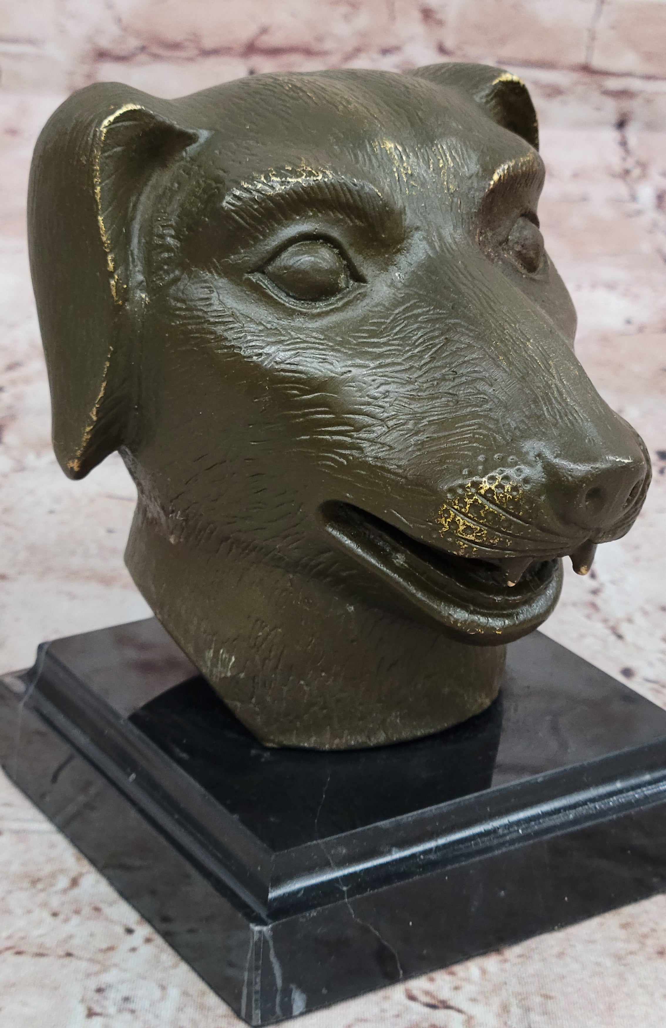 Bronze Dog Head Bust on Marble Base – Canine Sculpture