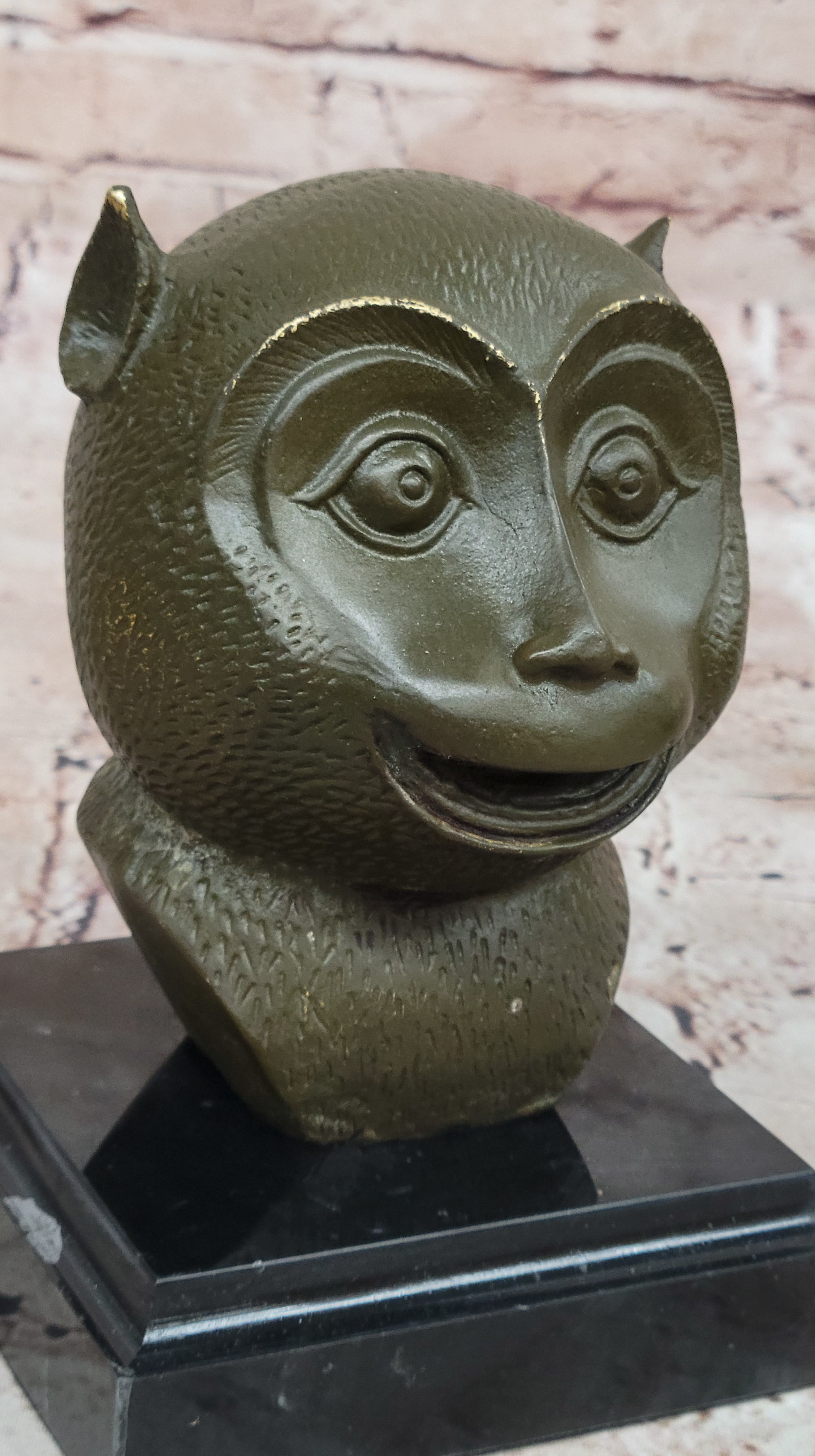 Abstract Bronze Primate - Smiling Monkey Bust on Marble