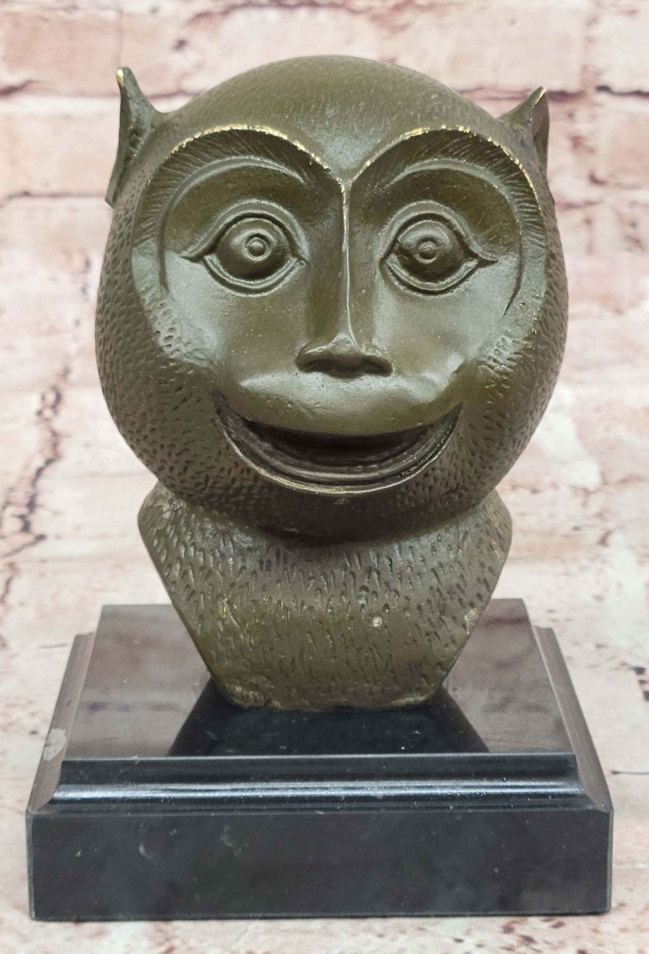 Abstract Bronze Primate - Smiling Monkey Bust on Marble