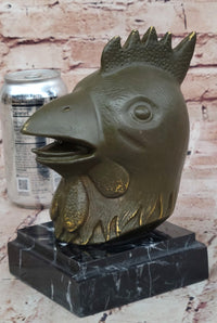 Bronze Rooster Head Bust on Marble Base – Zodiac Sculpture