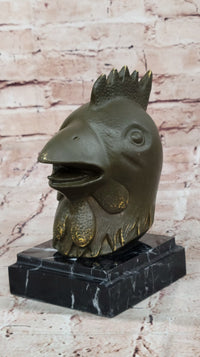 Bronze Rooster Head Bust on Marble Base – Zodiac Sculpture