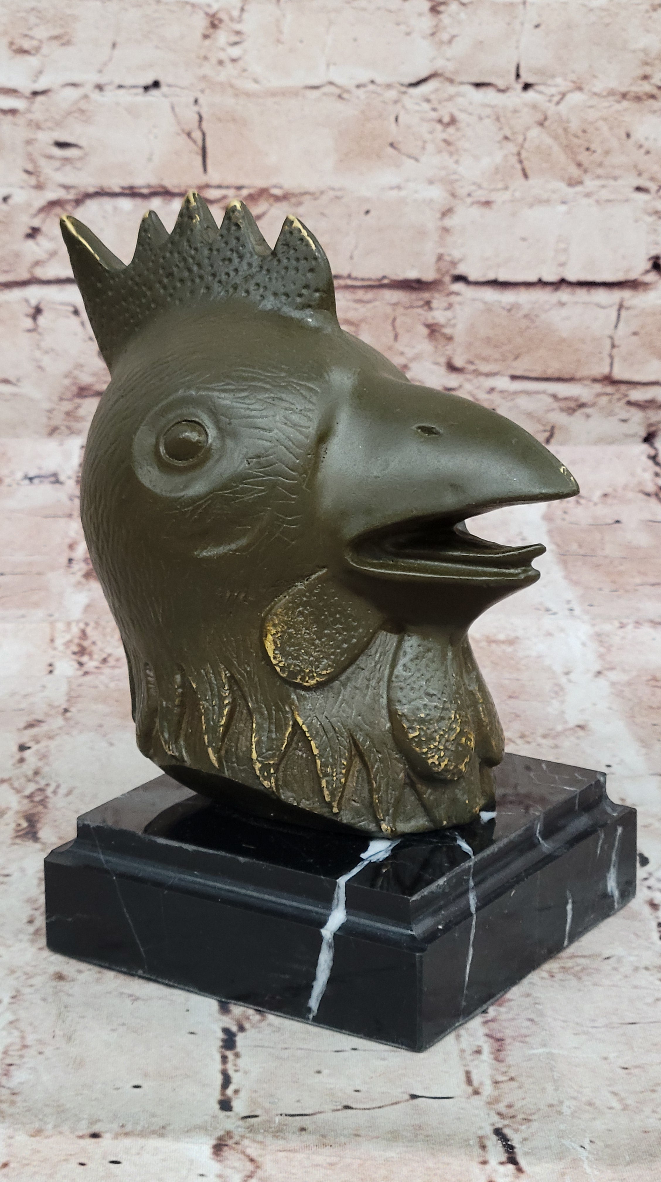 Bronze Rooster Head Bust on Marble Base – Zodiac Sculpture