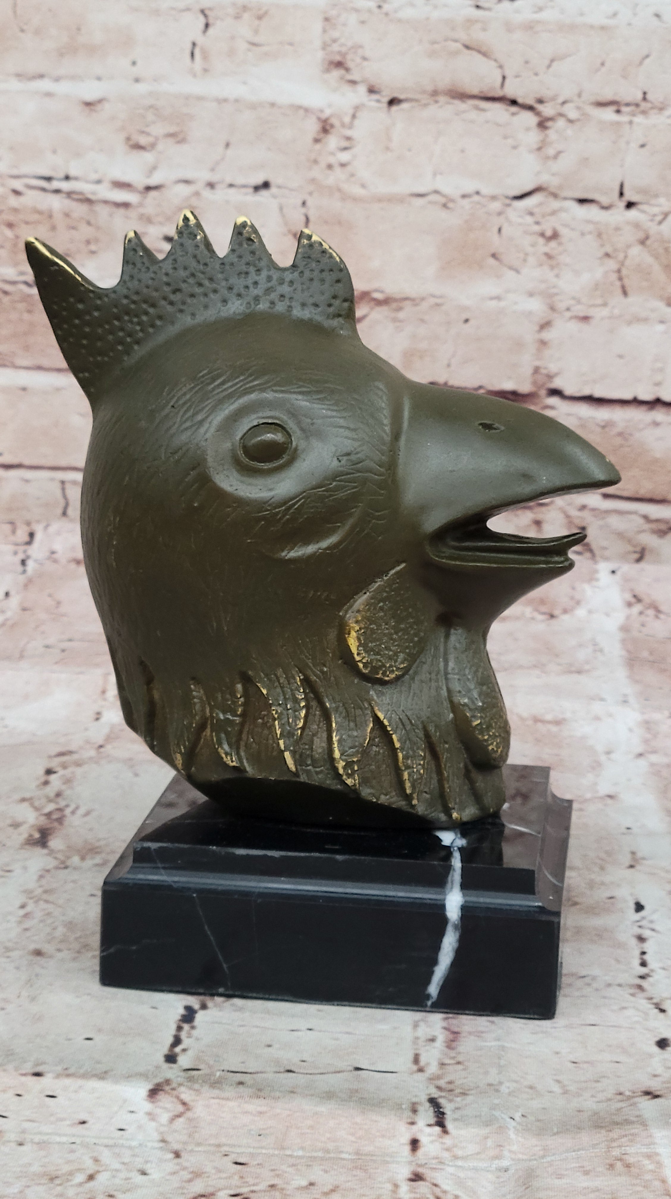 Bronze Rooster Head Bust on Marble Base – Zodiac Sculpture