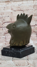 Bronze Rooster Head Bust on Marble Base – Zodiac Sculpture