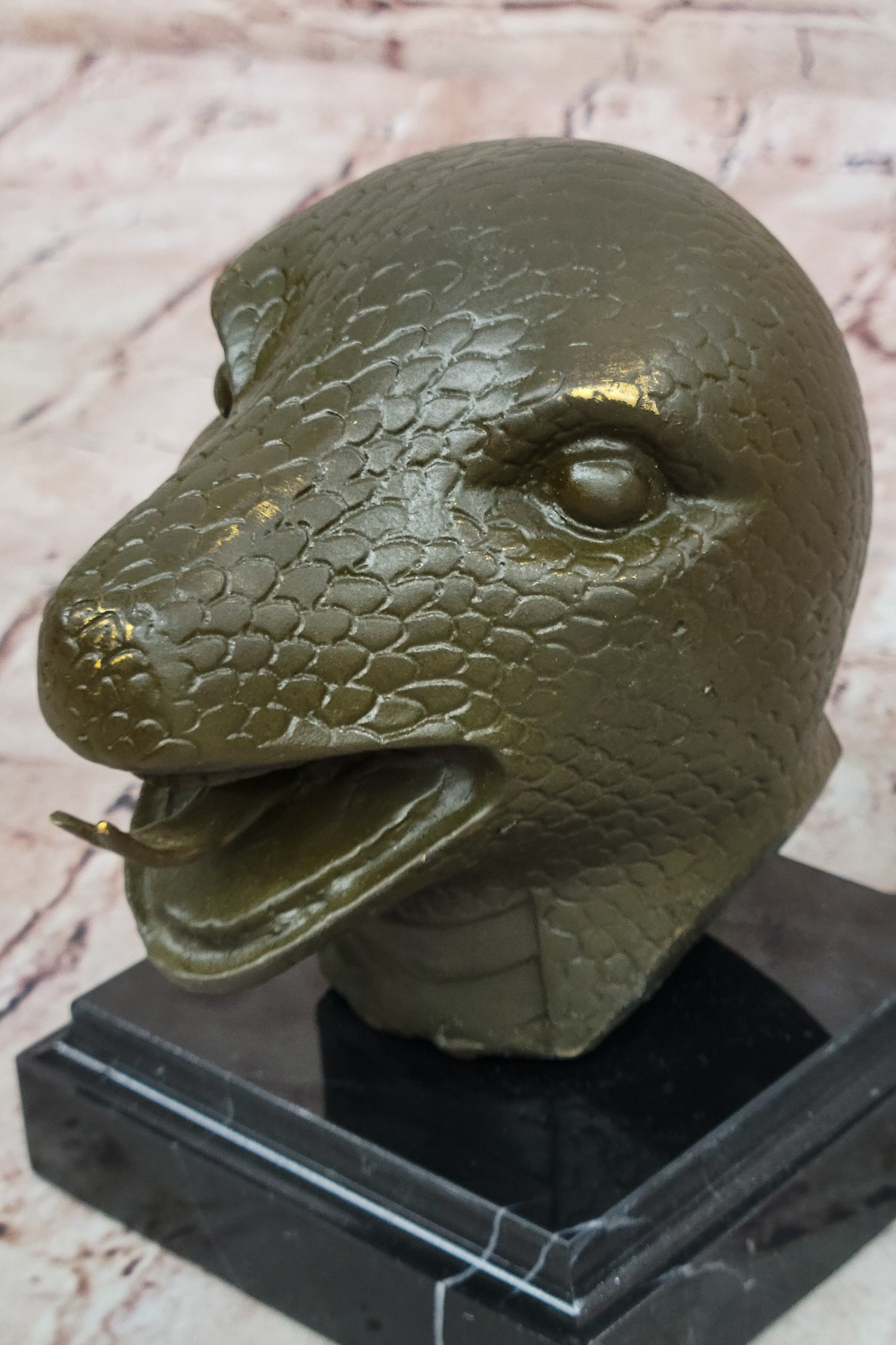 Bronze Snake Head Sculpture on Marble Base