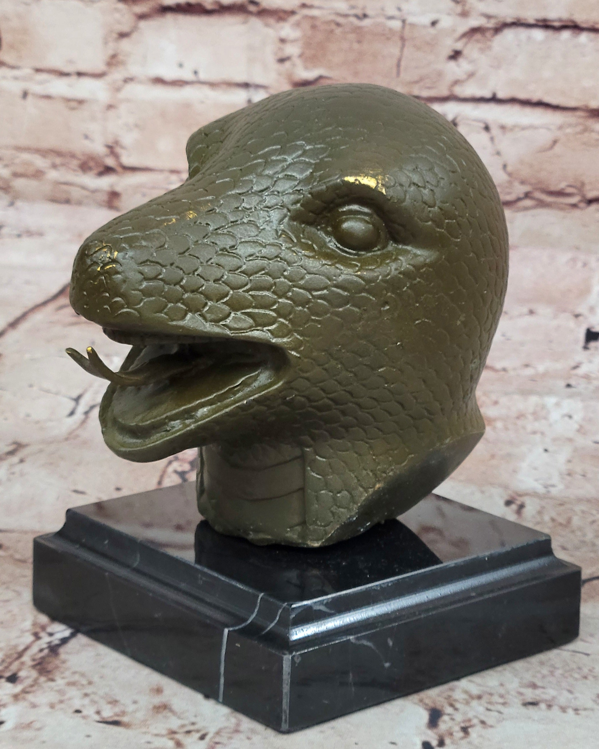 Bronze Snake Head Sculpture on Marble Base