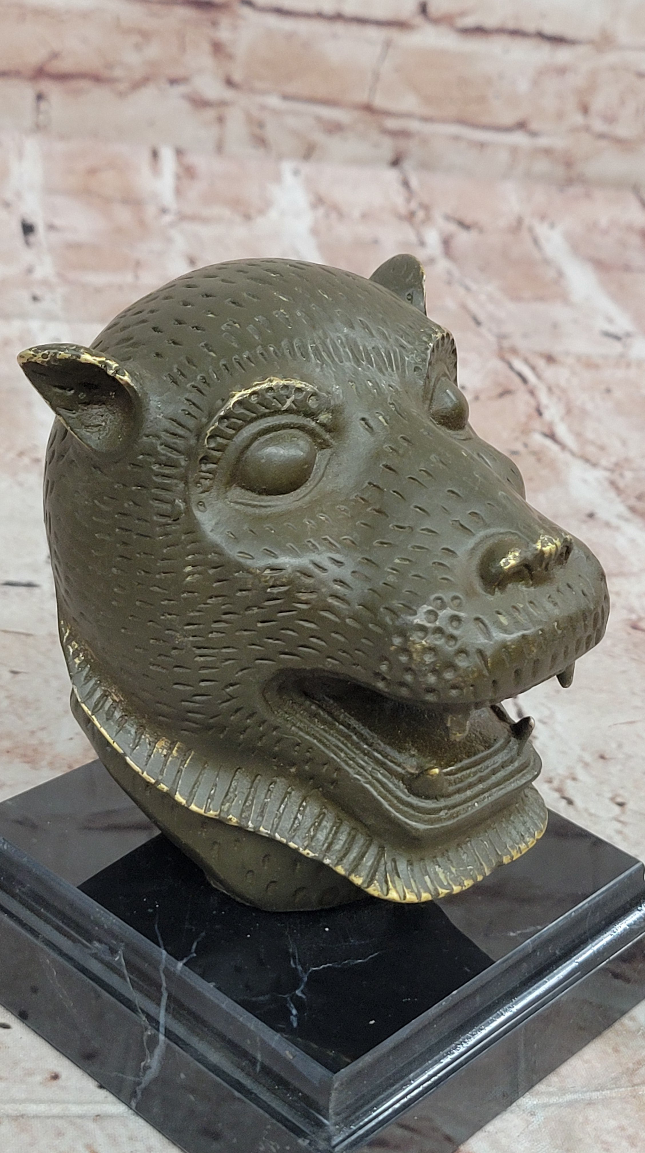 Bronze Tiger Head Bust on Marble Base – Feline Sculpture
