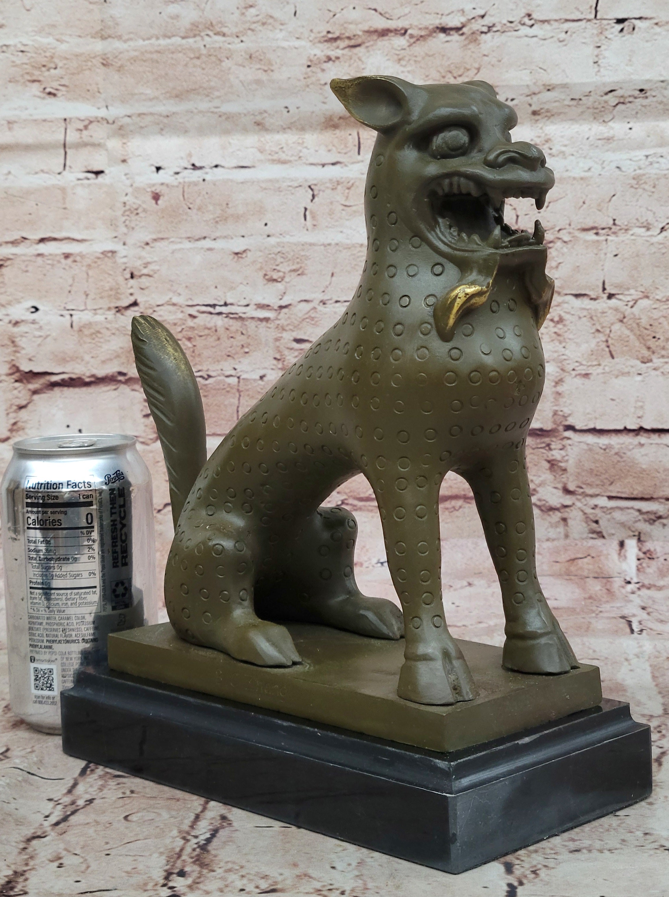 Asian Food Dog Lion Guardian Beast Bronze on Marble Base
