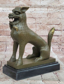 Asian Food Dog Lion Guardian Beast Bronze on Marble Base
