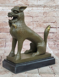 Asian Food Dog Lion Guardian Beast Bronze on Marble Base