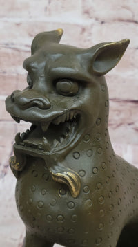 Asian Food Dog Lion Guardian Beast Bronze on Marble Base