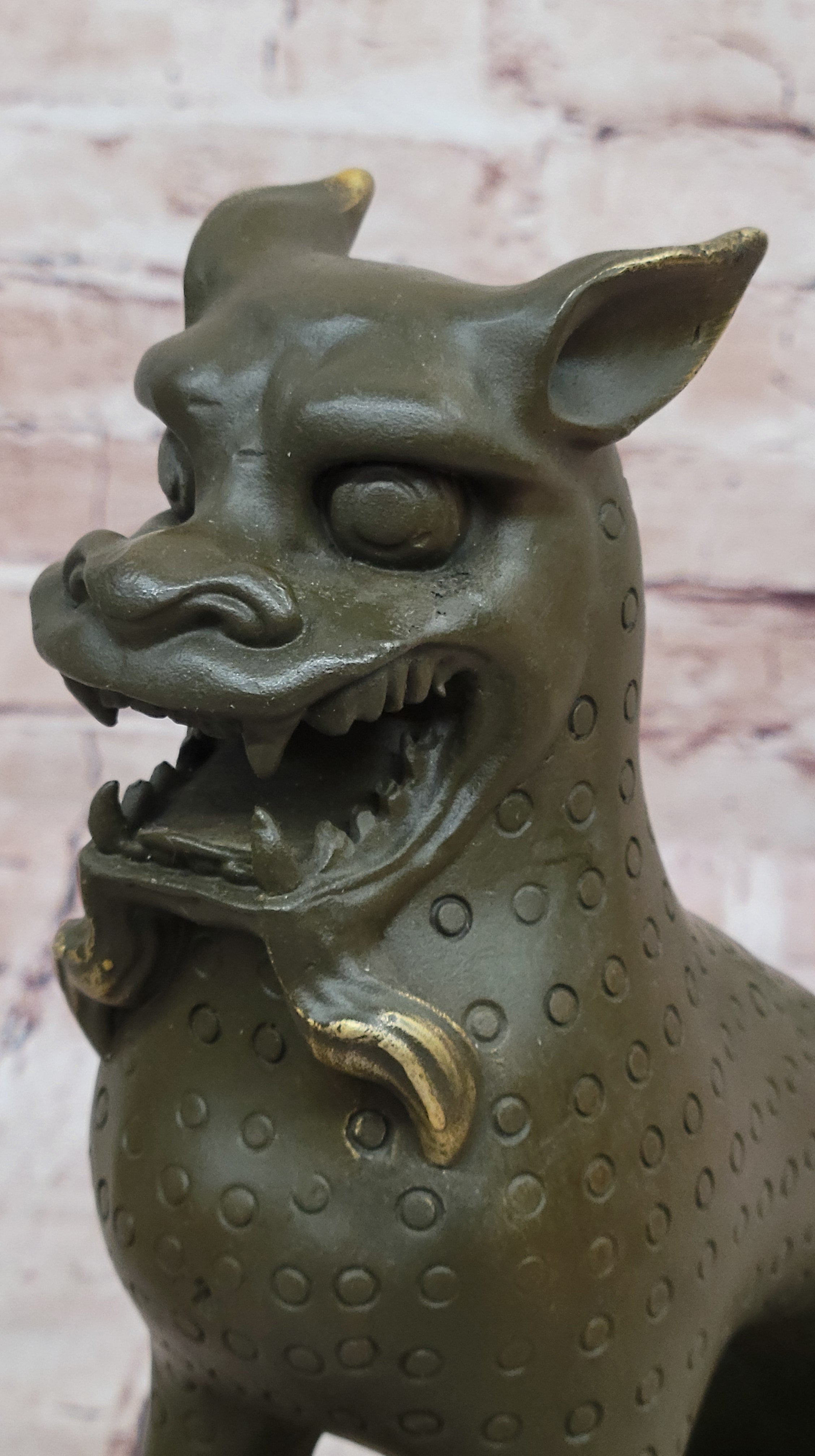Asian Food Dog Lion Guardian Beast Bronze on Marble Base