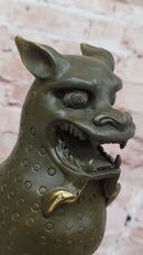 Asian Food Dog Lion Guardian Beast Bronze on Marble Base