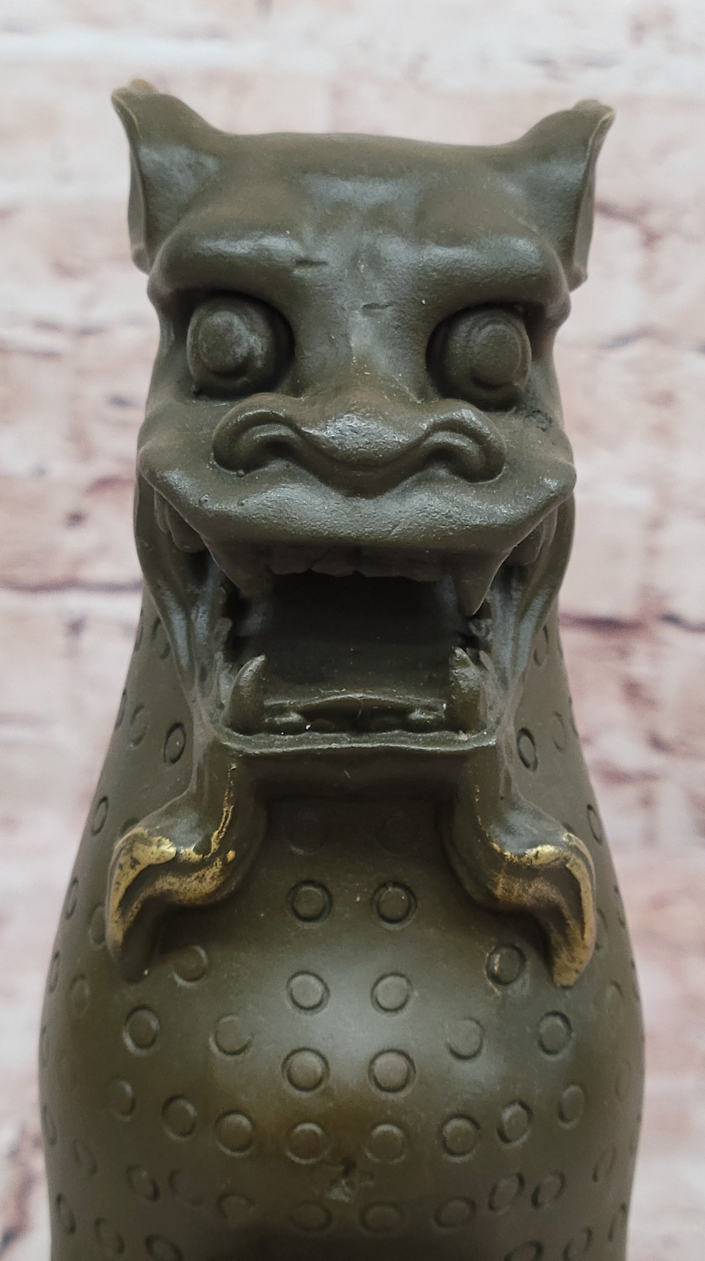 Asian Food Dog Lion Guardian Beast Bronze on Marble Base