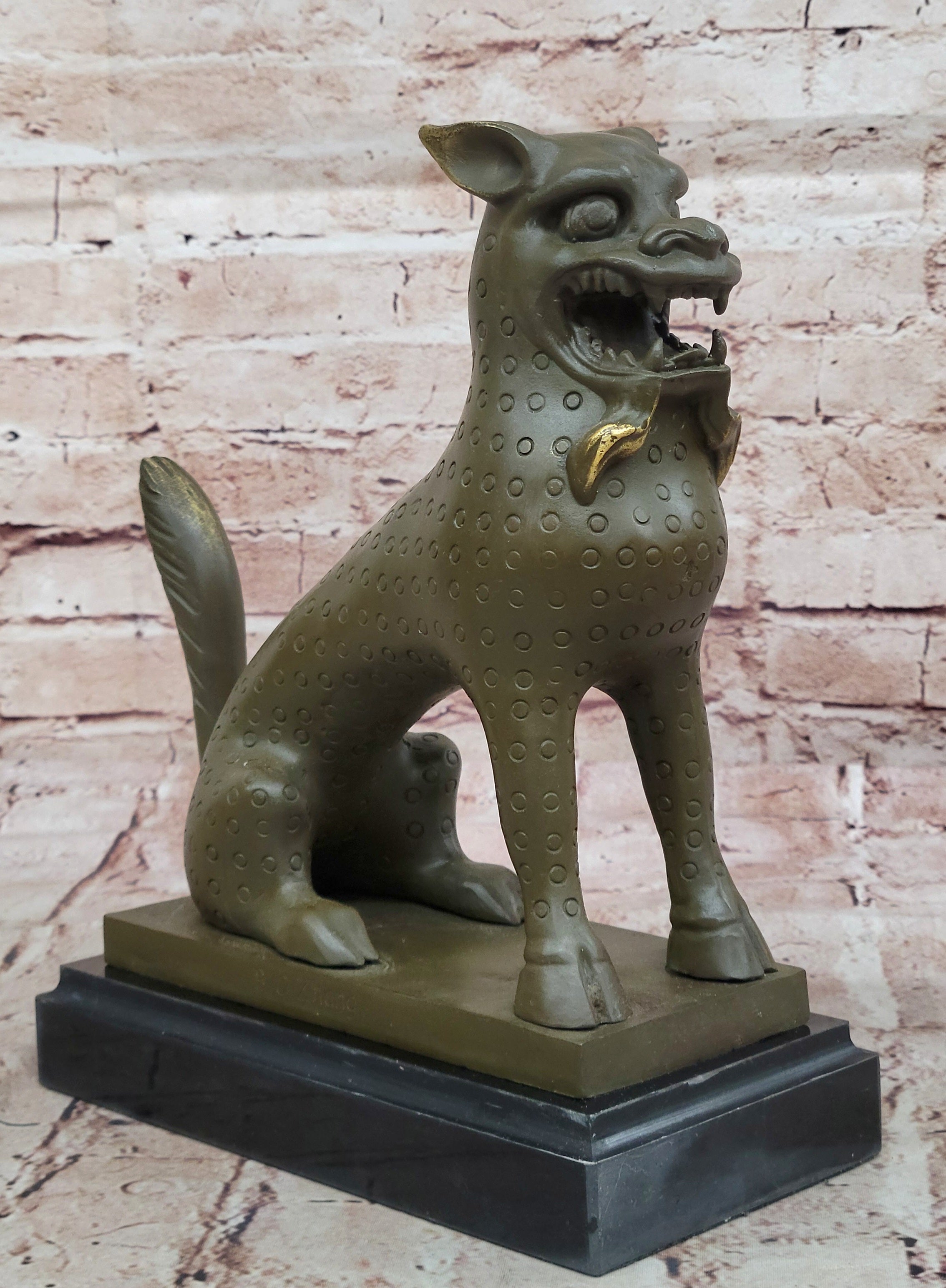 Asian Food Dog Lion Guardian Beast Bronze on Marble Base