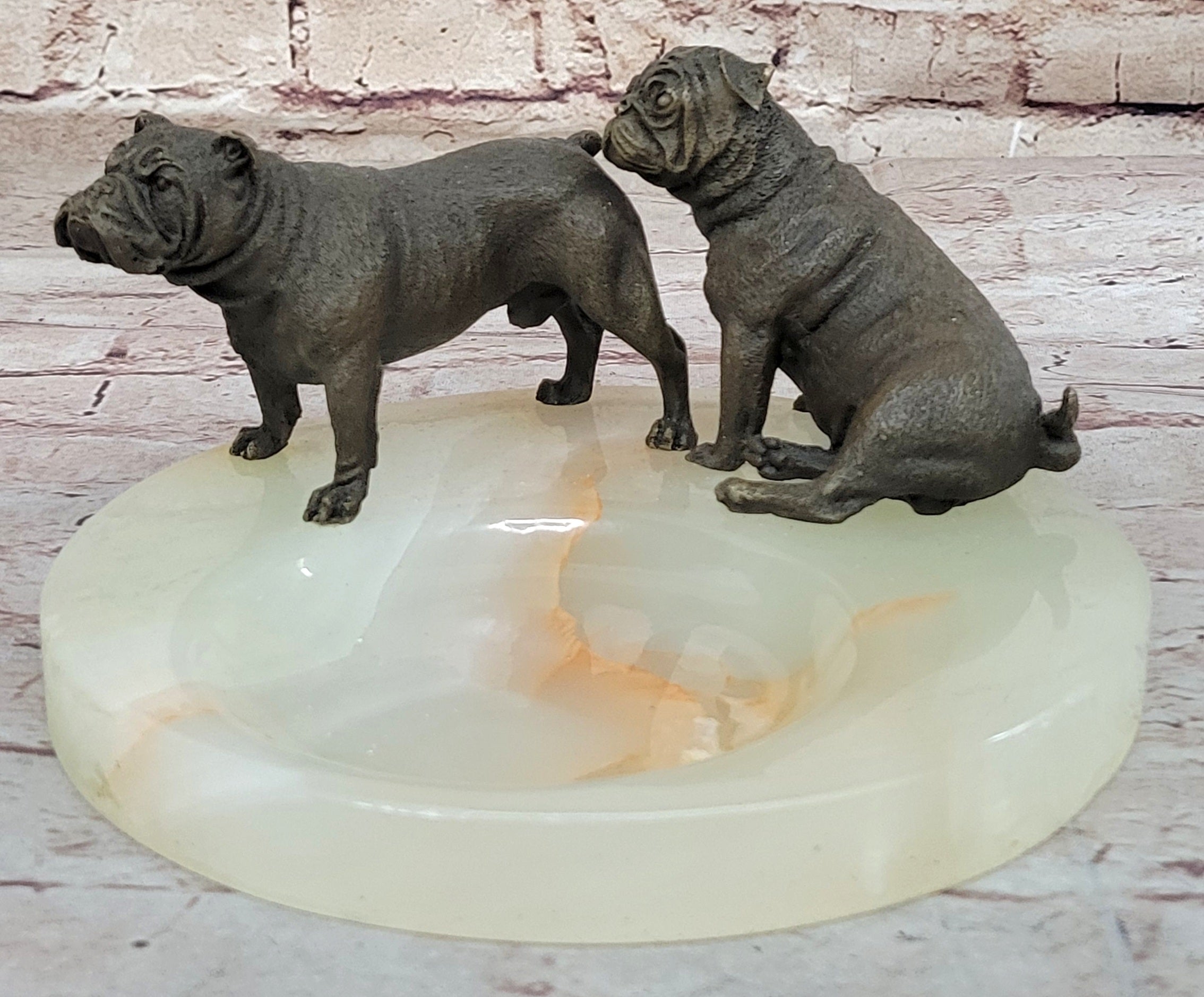 Bronze Bulldog & Pug Dog on Marble - Soap Dish Ashtray