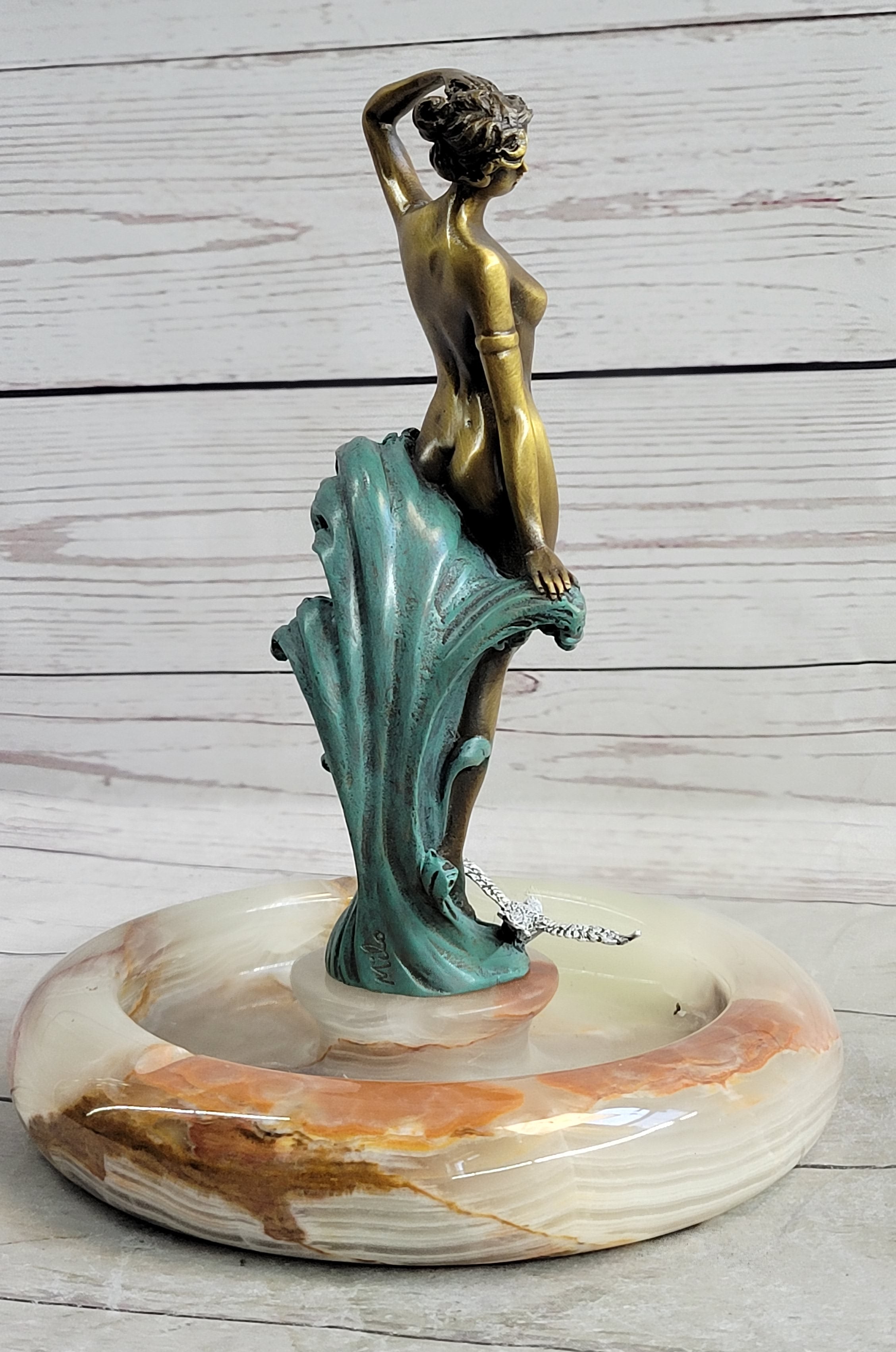 Signed Original Artwork by Milo Nude Woman Girl Genuine Bronze Ashtray Sculpture