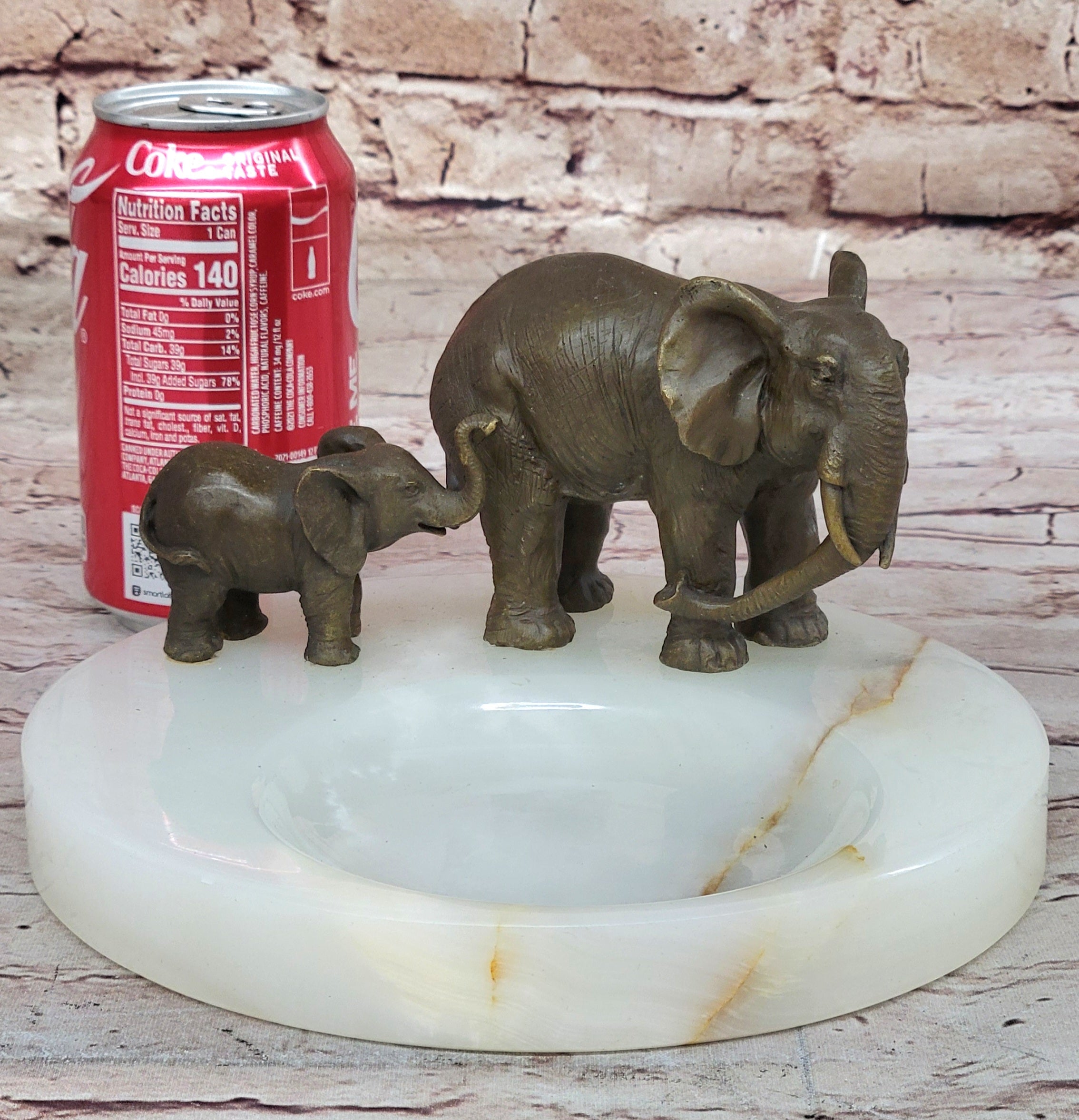 Bronze Metal Elephant Mother & Calf on Marble Ashtray