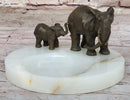 Bronze Metal Elephant Mother & Calf on Marble Ashtray