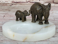 Bronze Metal Elephant Mother & Calf on Marble Ashtray
