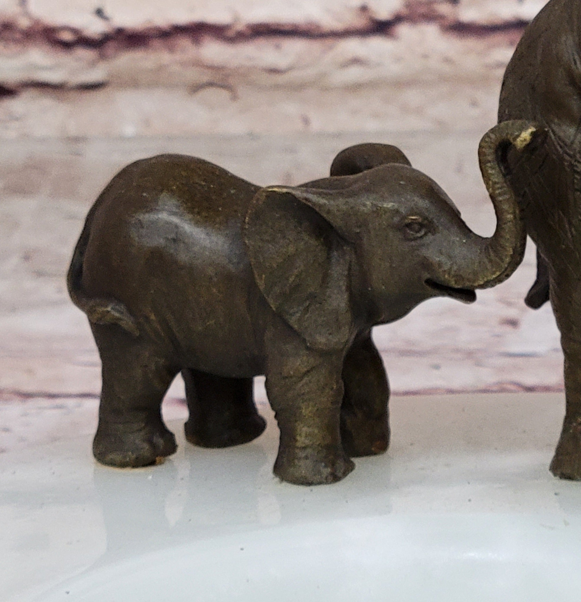 Bronze Metal Elephant Mother & Calf on Marble Ashtray