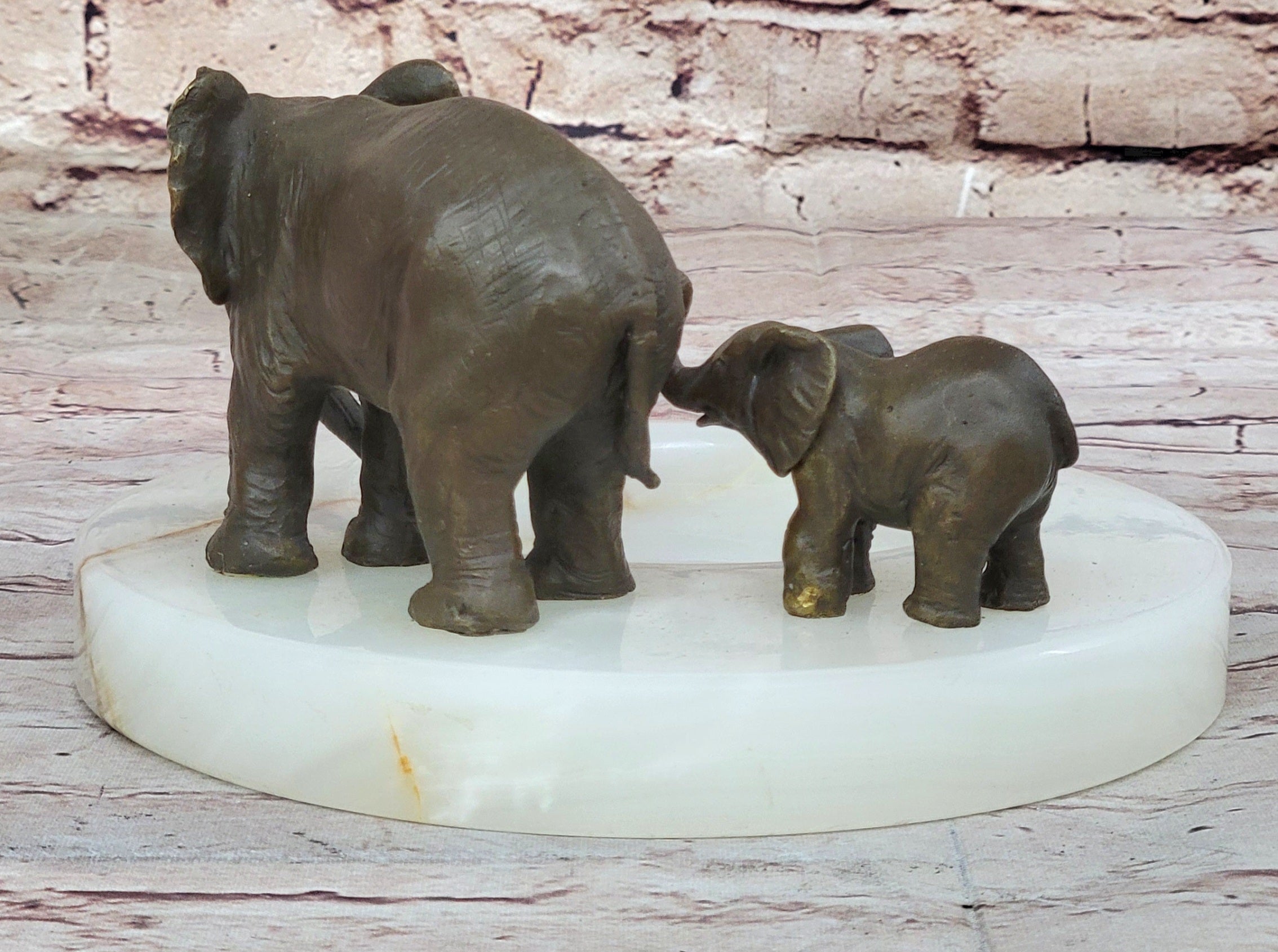 Bronze Metal Elephant Mother & Calf on Marble Ashtray